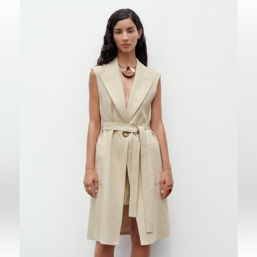 Zara beige LONG LINEN BLEND VEST